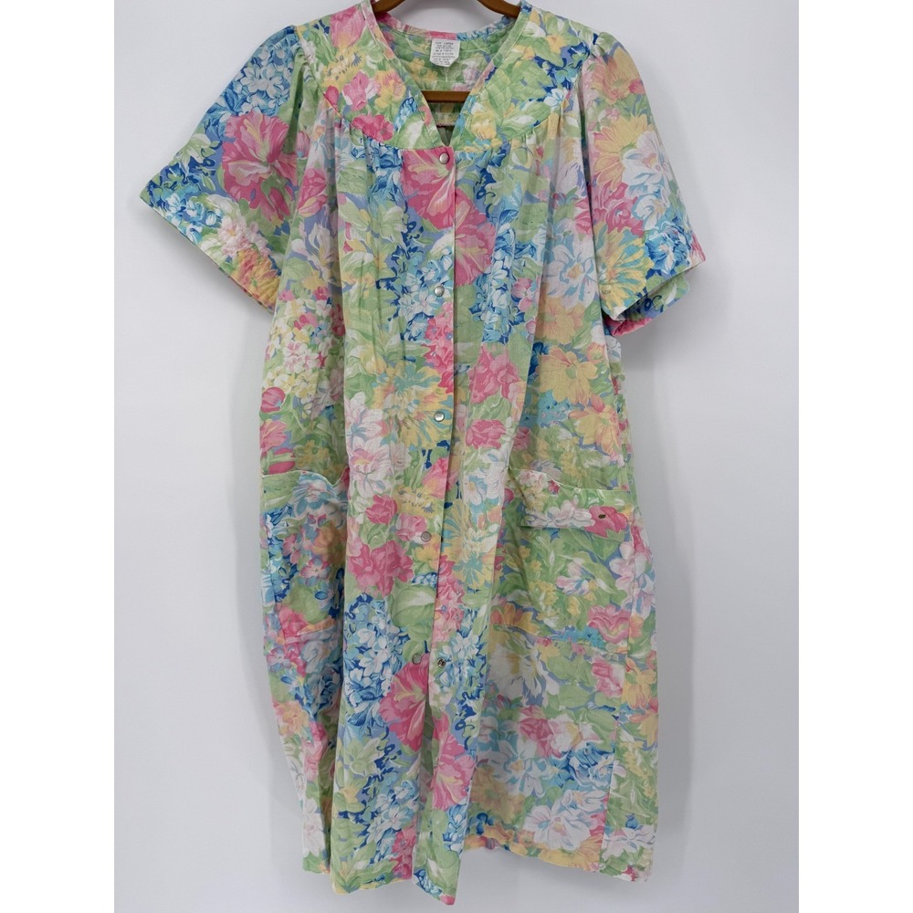 VTG Pastel Floral House Dress Snap Front Lounge Dress Duster Muumuu Pockets L